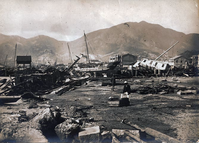 Cargoes and broken crafts were laid ashore at Kowloon Wharf.