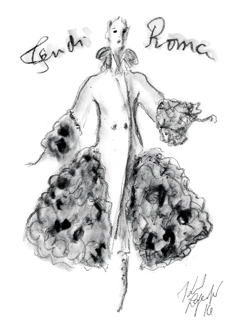 From top: One of the many sketches by Kay Nielsen from the book East of the Sun and West of the Moon, which provided the inspiration for the evocative graphics on the clothes. Lagerfeld’s sketches, reportedly filled in with colours from Shu Uemura’s palettes, exemplify the exquisite—and artistic—allure of Fendi. They were woven into a book, Fendi by Karl Lagerfeld, that chronicled his five decades at the house. OPPOSITE: This is what dreams are made of—a look from Fendi’s Haute Fourrure show