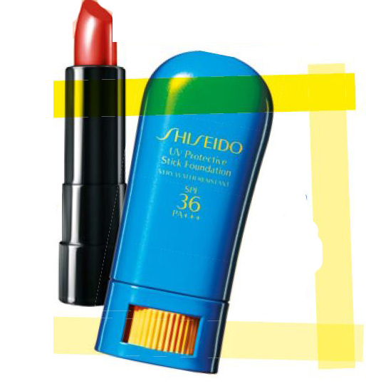 Bareminerals Marvelous Moxie Lipstick in Go The Distance, $33. Shiseido UV Protective Stick Foundation SPF 36 PA+++, $38