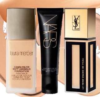 From left: Laura Mercier Candleglow Soft Luminous Foundation, $80. NARS Velvet Matte Skin Tint, $70. Yves Saint Laurent Le Teint Encre de Peau Fusion Ink Foundation SPF 18, $89.