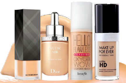 From left: Burberry Cashmere – Soft Matte Foundation, $85. Dior Diorskin Nude Air Ultra-Fluid Serum Foundation SPF 20, $88. Benefit Cosmetics Hello Flawless Oxygen Wow! Liquid Foundation, $63. Make Up For Ever Ultra HD Foundation, $72.