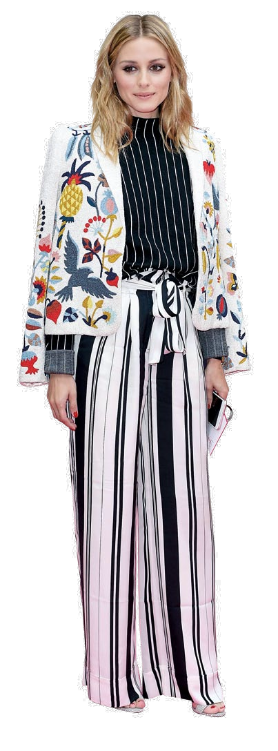 Olivia Palermo mixes a floral applique blazer with striped wide-leg pants.