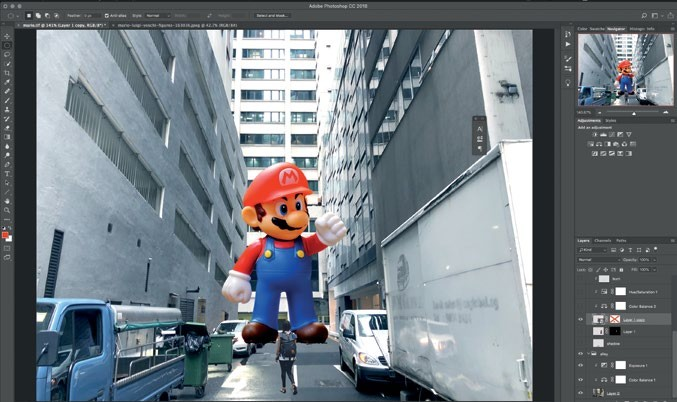 8 Then, he resizes the objects to
achieve the results as shown in Fig. 8.
The order of the layers should be as
follows. Lady &gt; Mario &gt; Background.
Note: The imported images will be
converted to “Smart Objects” by
default, but this format is a good
way to preserve the image quality
especially when you scale it.