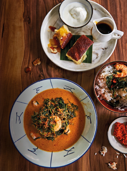 Finish the meal with a couple of slices of this delightful house-made kueh bengkah, drizzled with gula melaka and served with a scoop of vanilla ice cream on the side.