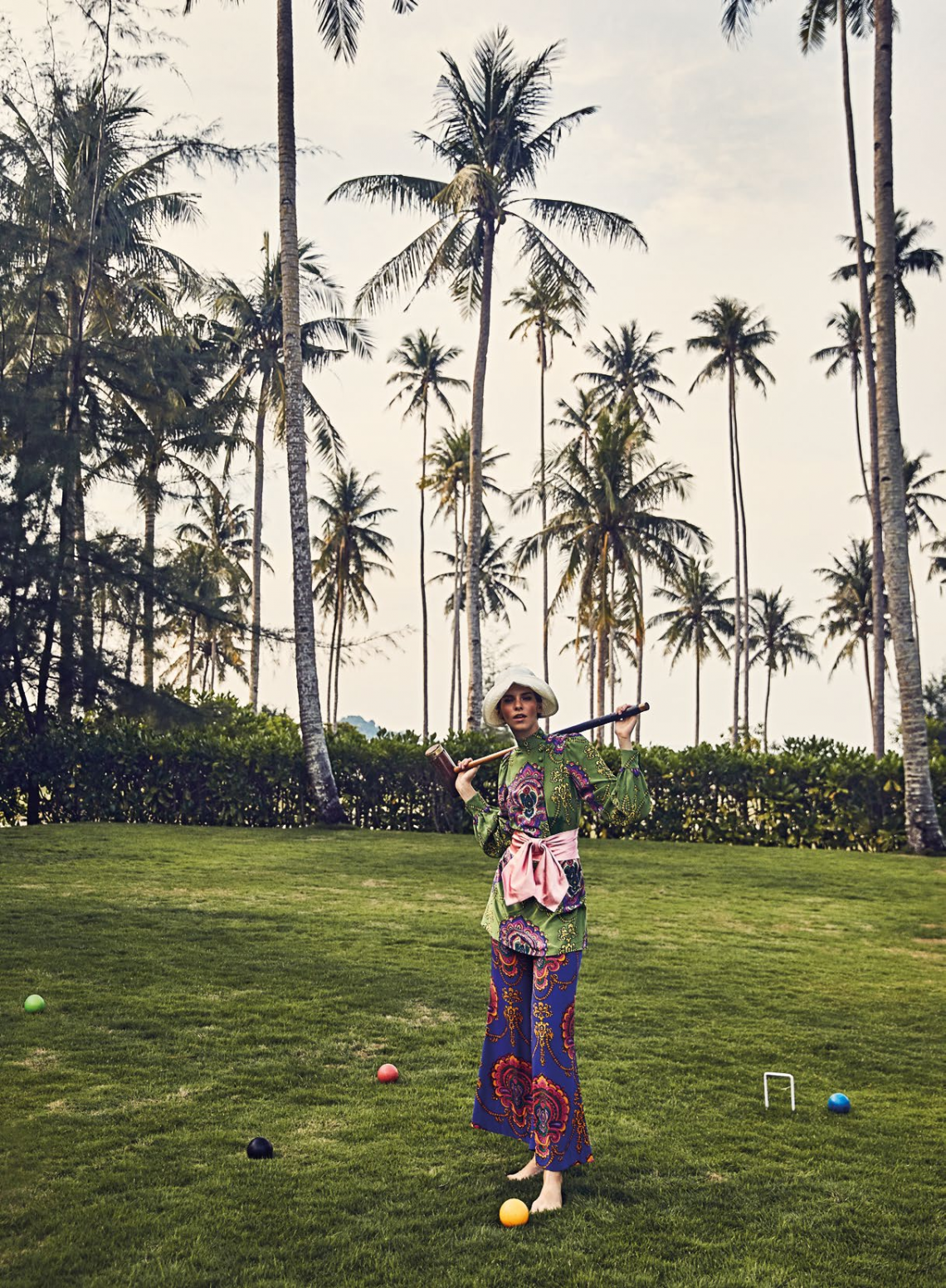 Silk crepe de
chine shirt
with satin belt,
$3,050, and silk
crepe de chine
pants, $1,970,
Gucci. Hat,
stylist’s own.