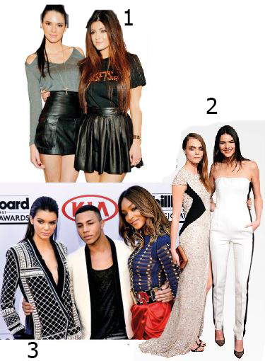 <b>1</b> Kendall and Kylie make a meda appearance in 2012 <b>2</b> Cara and Kendall in 2014, just as Kendall’s career hit overdrive <b>3</b> With Balmain’s Olivier Rousteing and Jourdan Dunn at the 2015 Billboard Music Awards