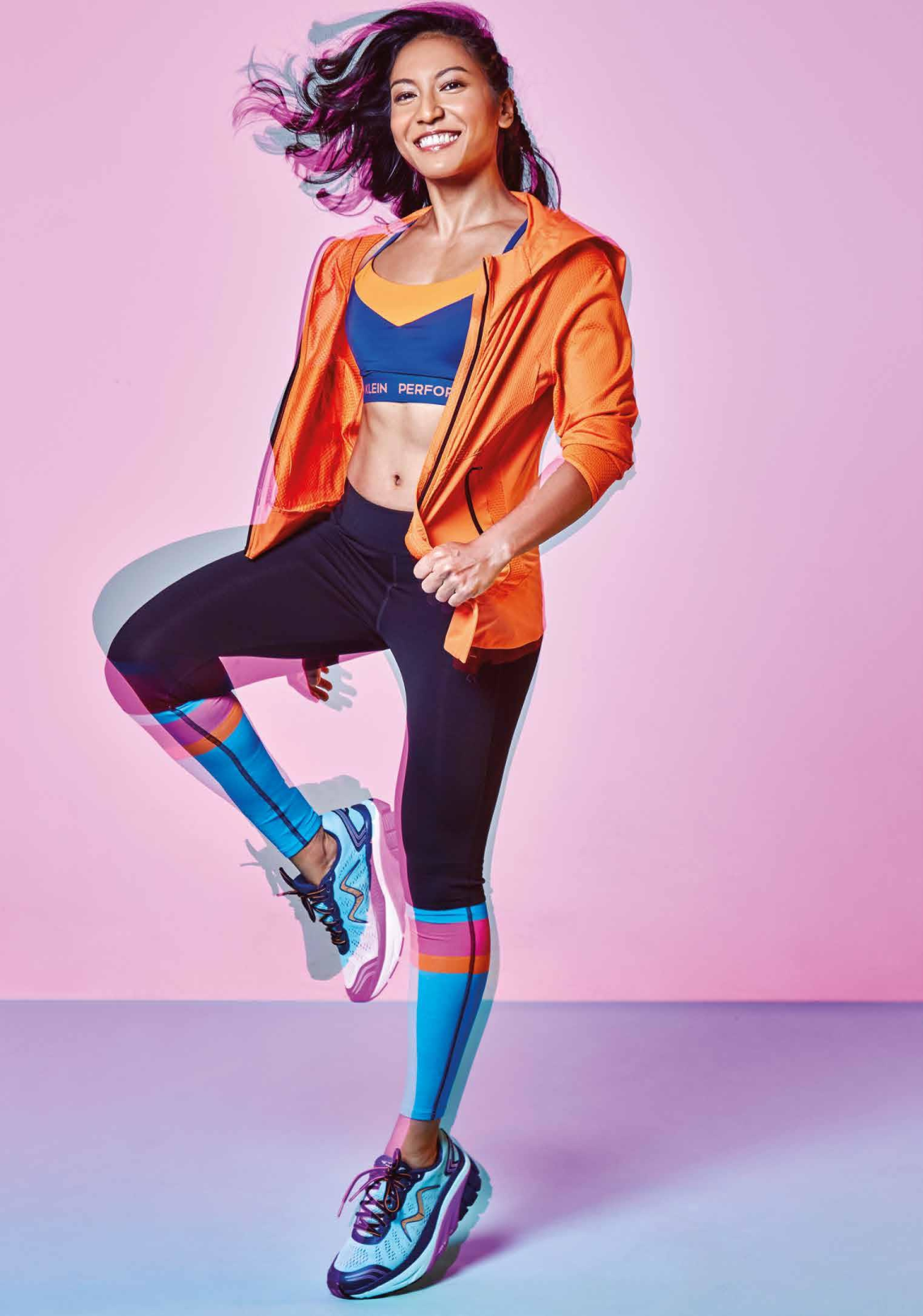 <b>FIT FASHION</b> Polyester elastane strap bra, $59, polyester polyamide Bond rever Leggings, $199, polyester all Mesh hood jacket, $239, all from Calvin Klein performance. Run Matrix Shoes, $249, from MBT.